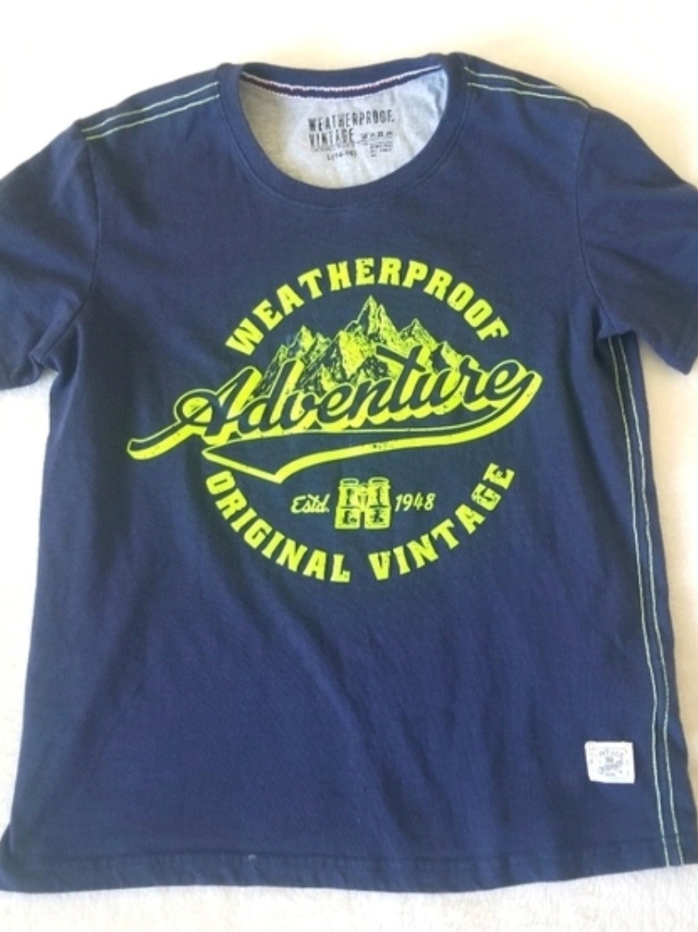 Weatherproof Navy Tee with Neon Yellow Adventure Graphic